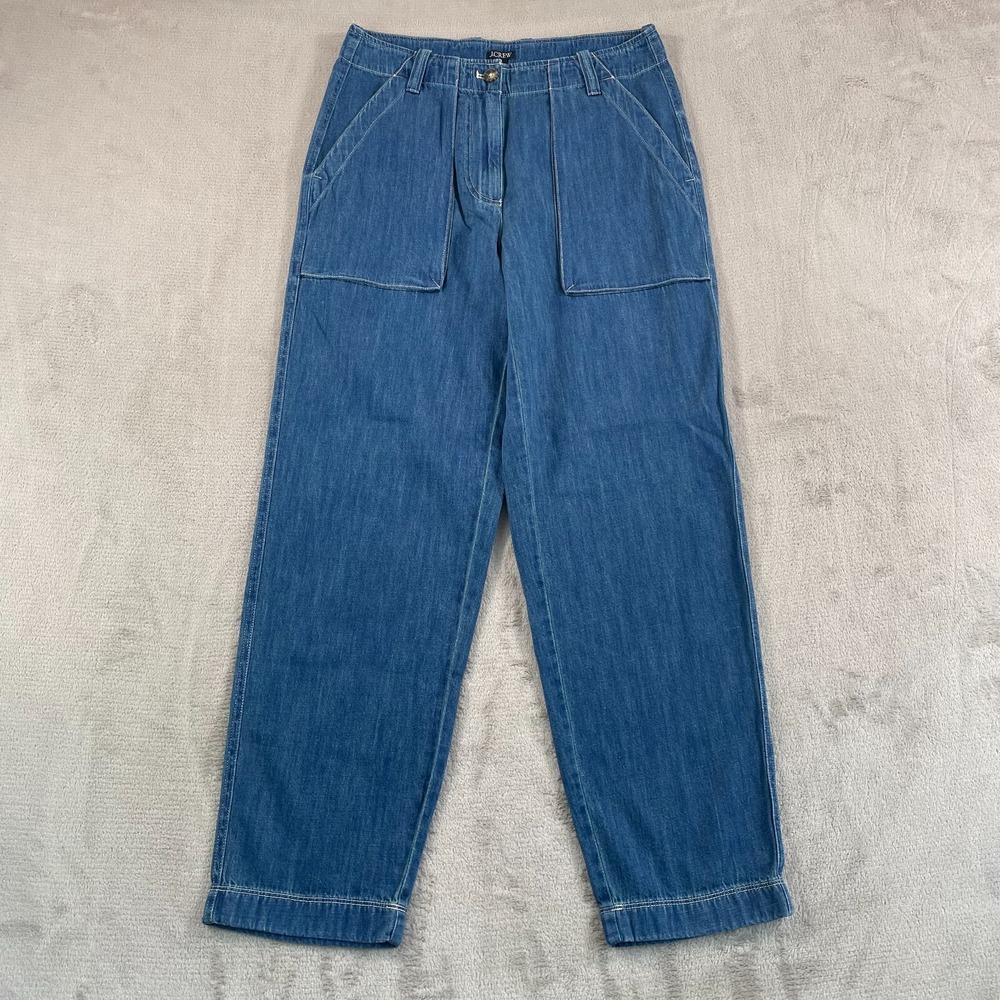J.Crew Chambray Cargo Pants Women 4 Blue Linen Blend Patch Pockets NWOT $118